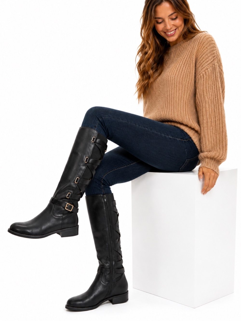 Veronika Black Tall Riding Boots Size 8M Criss Cross Stretch Back Buckle Accent